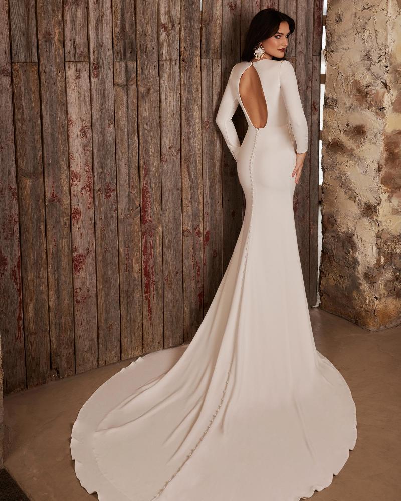 Lp2248 long sleeve simple wedding dress with slit and keyhole back2
